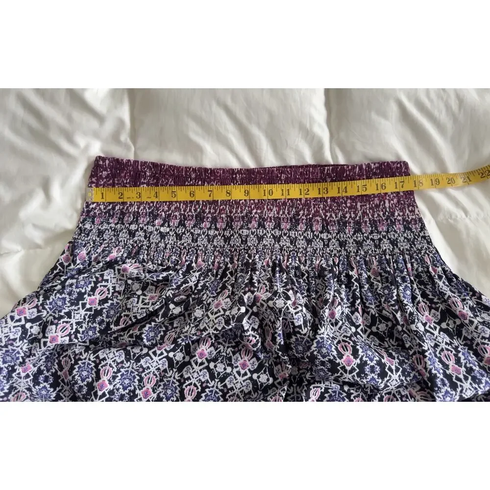 J Jill Smocked Waistband Midi Skirt Purple, Pink, Black Boho Print Silky Size L
